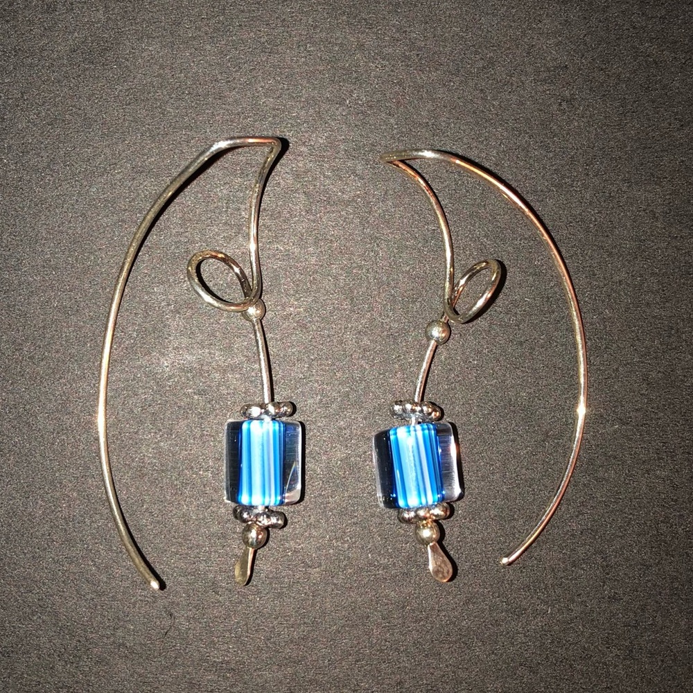 Silver Spiral Twist Pierced Earrings w/Blue Beads by Michelle Frappier